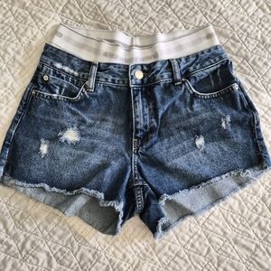 Alexander Wang Distressed Dark Blue Denim Shorts with Branded Waistband
